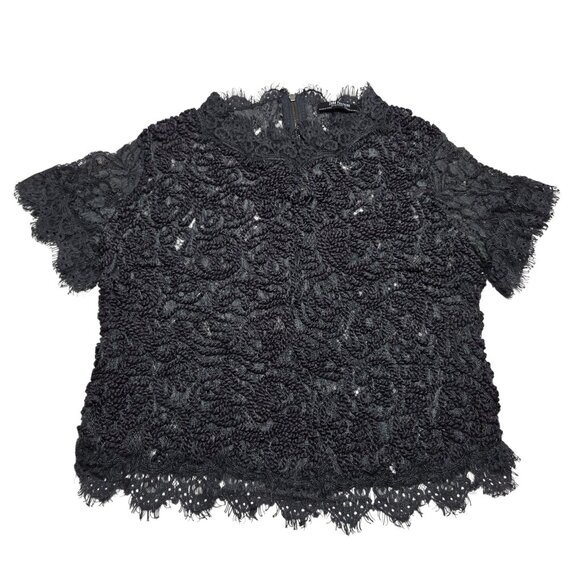 Zara Crop Top Womens Medium Black Lace Mock Neck Whimsigoth Scalloped Trafaluc - Picture 1 of 12